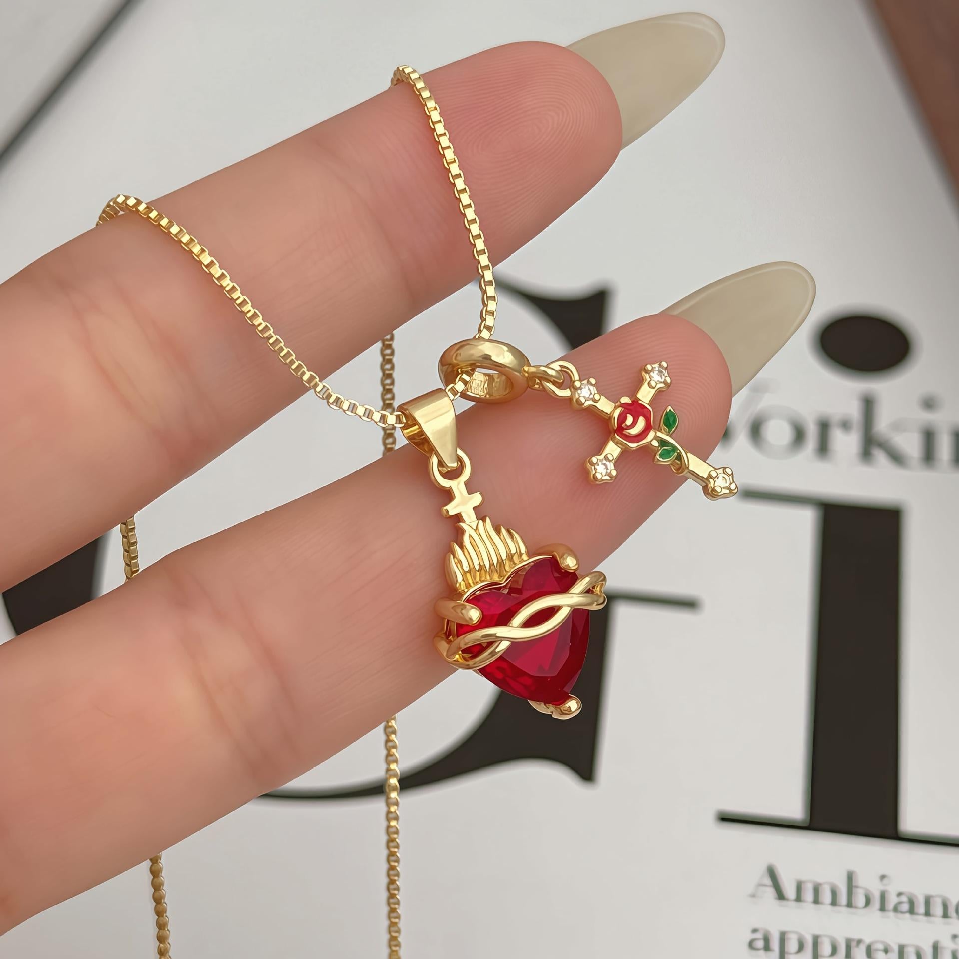 Heart Rose & Cross Pendant Necklace | Alloy Necklace for Women