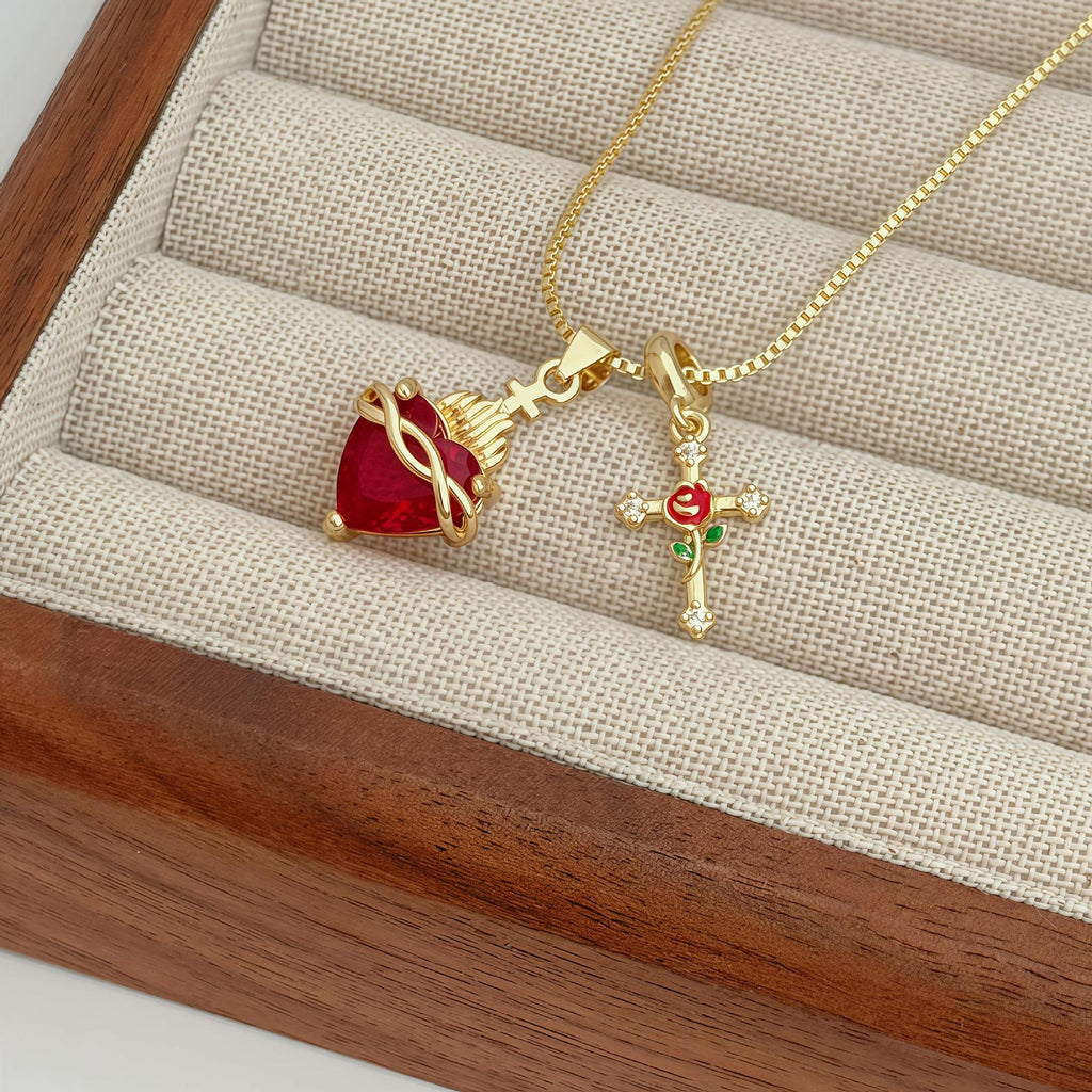 Heart Rose & Cross Pendant Necklace | Alloy Necklace for Women