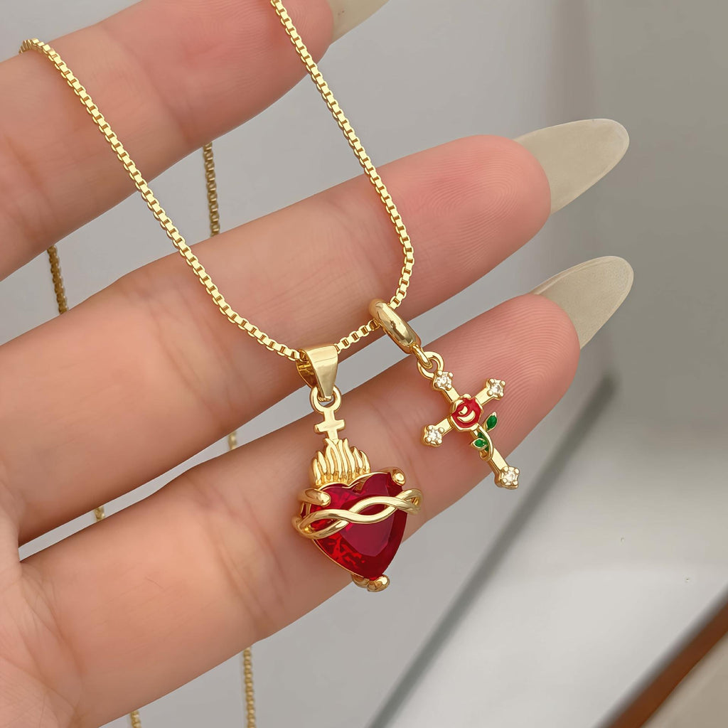 Heart Rose & Cross Pendant Necklace | Alloy Necklace for Women