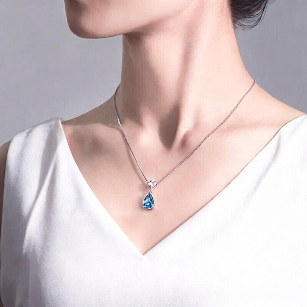 VANZECHY Ocean Collection Blue Zircon & Topaz Pendant Necklace | S925 Silver